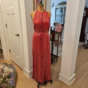 Bill Blass red sequin snakeskin halter gown, 1974